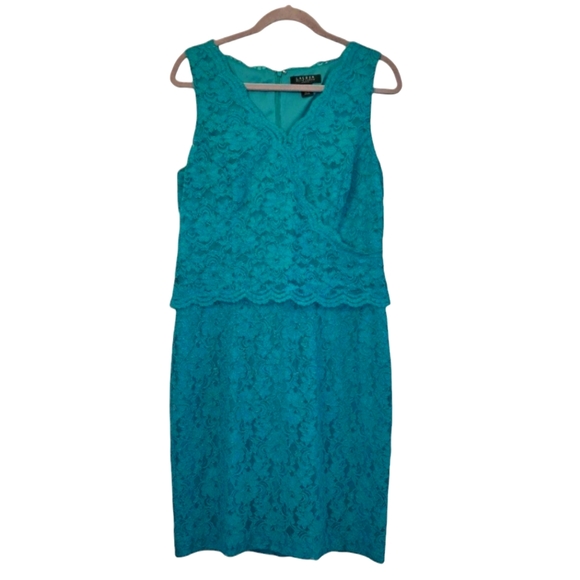 Lauren Ralph Lauren Dresses & Skirts - Lauren Ralph Lauren Turquoise Lace Overlay Sleeveless V Neck Dress Size 12